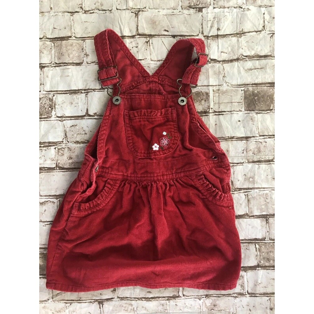 OshKosh B'Gosh Red Corduroy Vestbak Overall Jumper Dress Sz 24‎ Months Floral